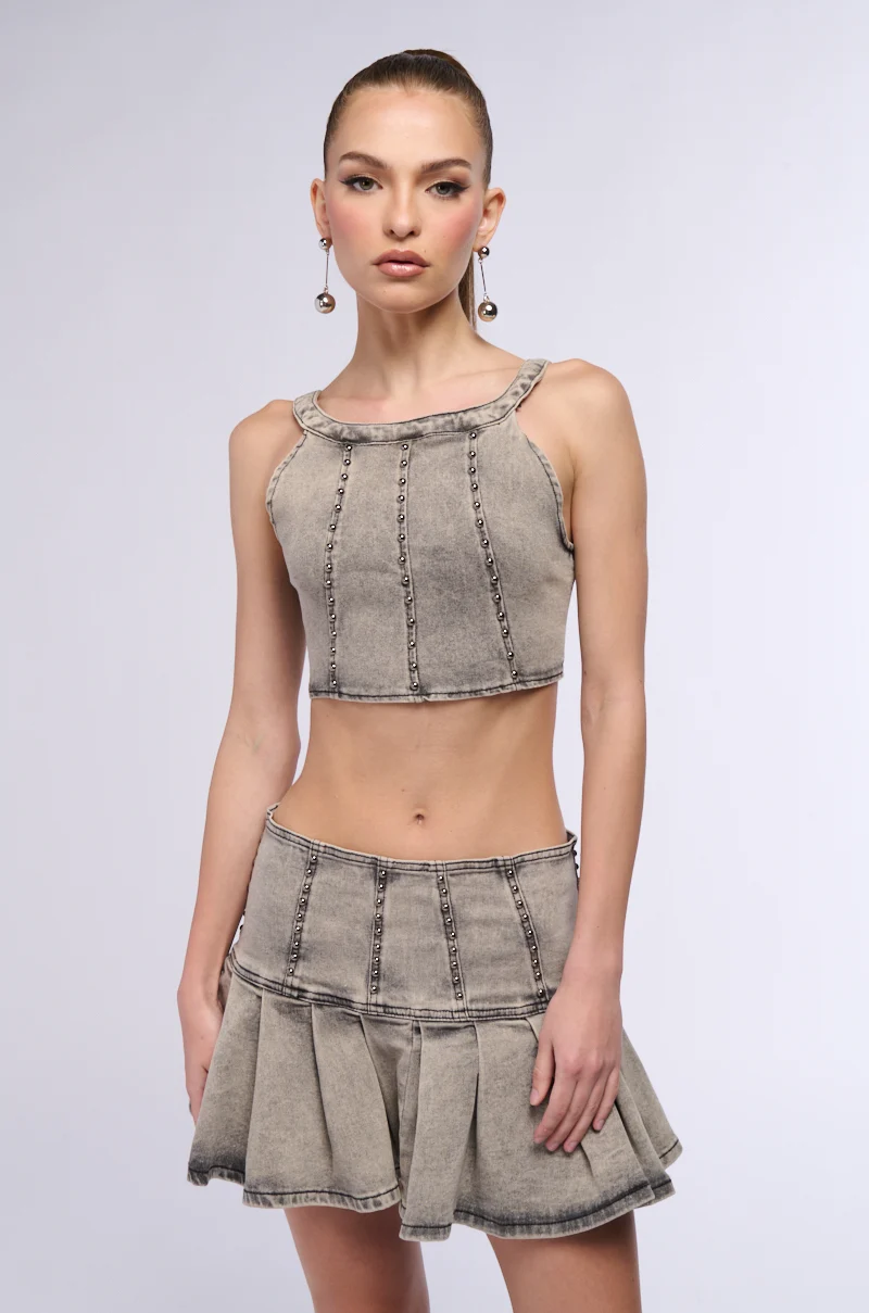STAND ON MY BUSINESS MINERAL WASH DENIM STUDDED SLEEVELESS TOP - Akira Wear