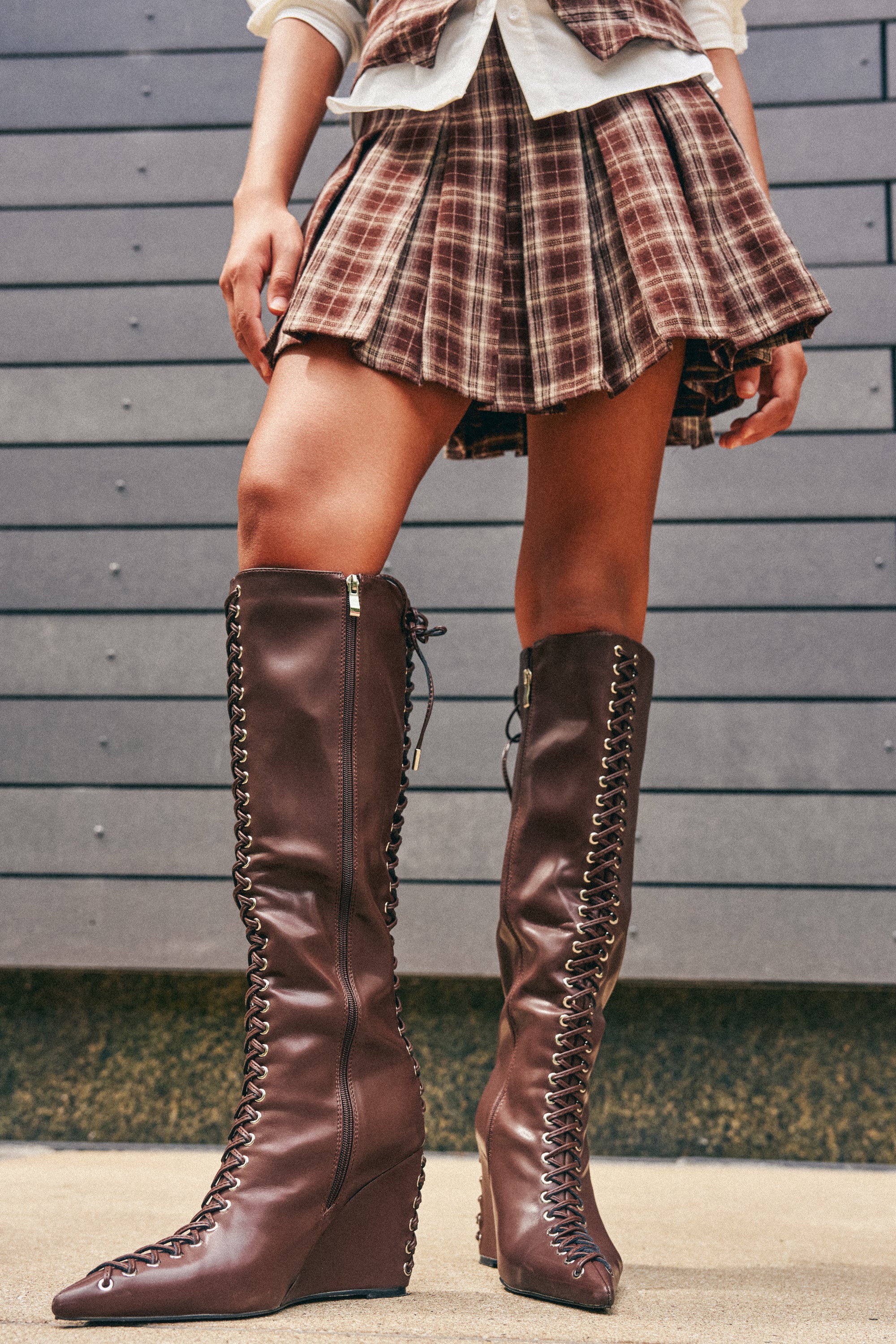 AZALEA WANG THAUMUS BROWN LACE UP WEDGE BOOT - Akira Wear