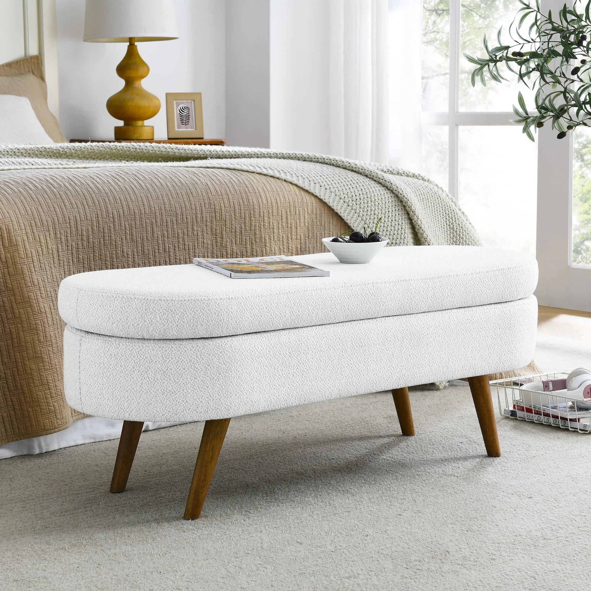 Linen Upholstered Tufted Bench, Storage Ottoman with Padded Seat, Storage Bench with Solid Wood Leg,Coffee Table, Footrest, Large Chest for Entryway, Bedroom, Living Room, Holds up to 660 lb, White