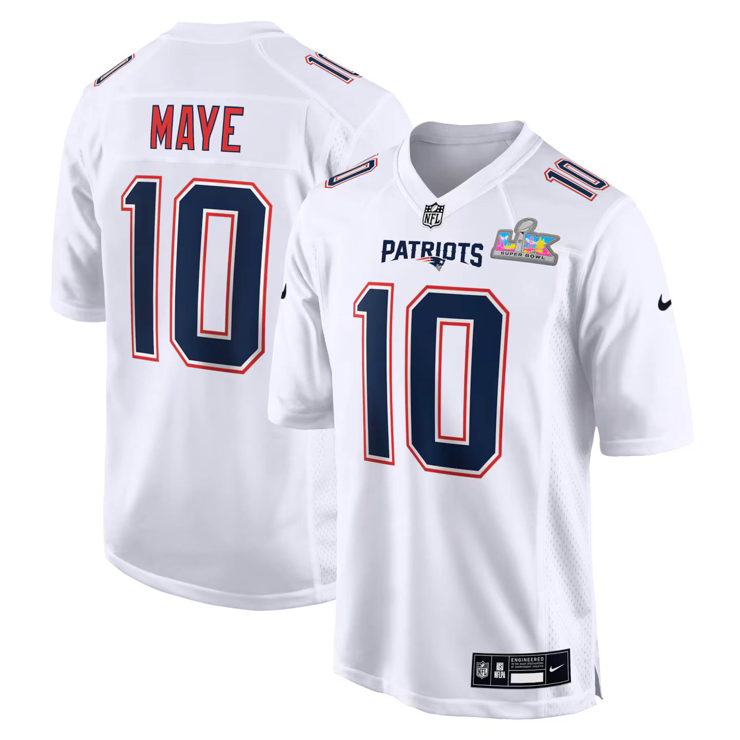 Men's New England Patriots Drake Maye Nike White Super Bowl LX Patch Tundra Fashion Game Jersey - Jersey