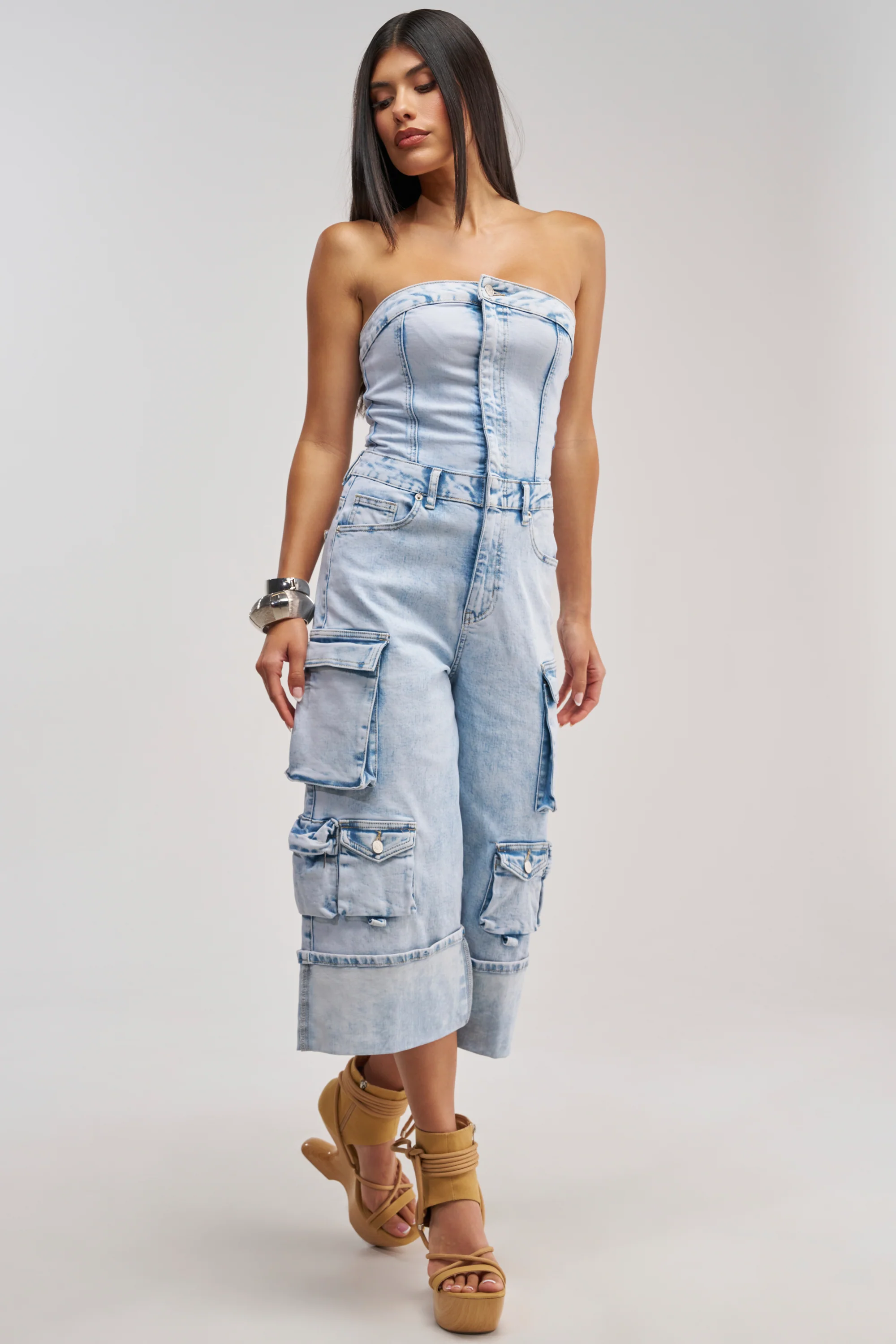 ALICIA CROPPED CARGO JUMPSUIT IN LIGHT BLUE DENIM - Akira Wear