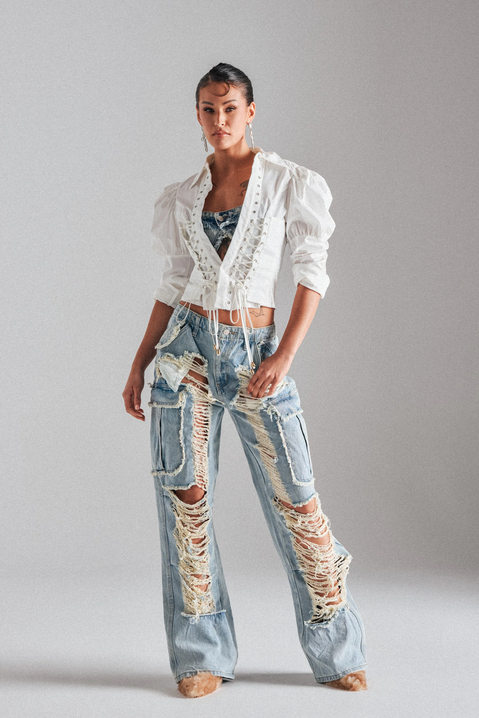 ALMA DISTRESSED DENIM CARGO PANTS - Akira Wear