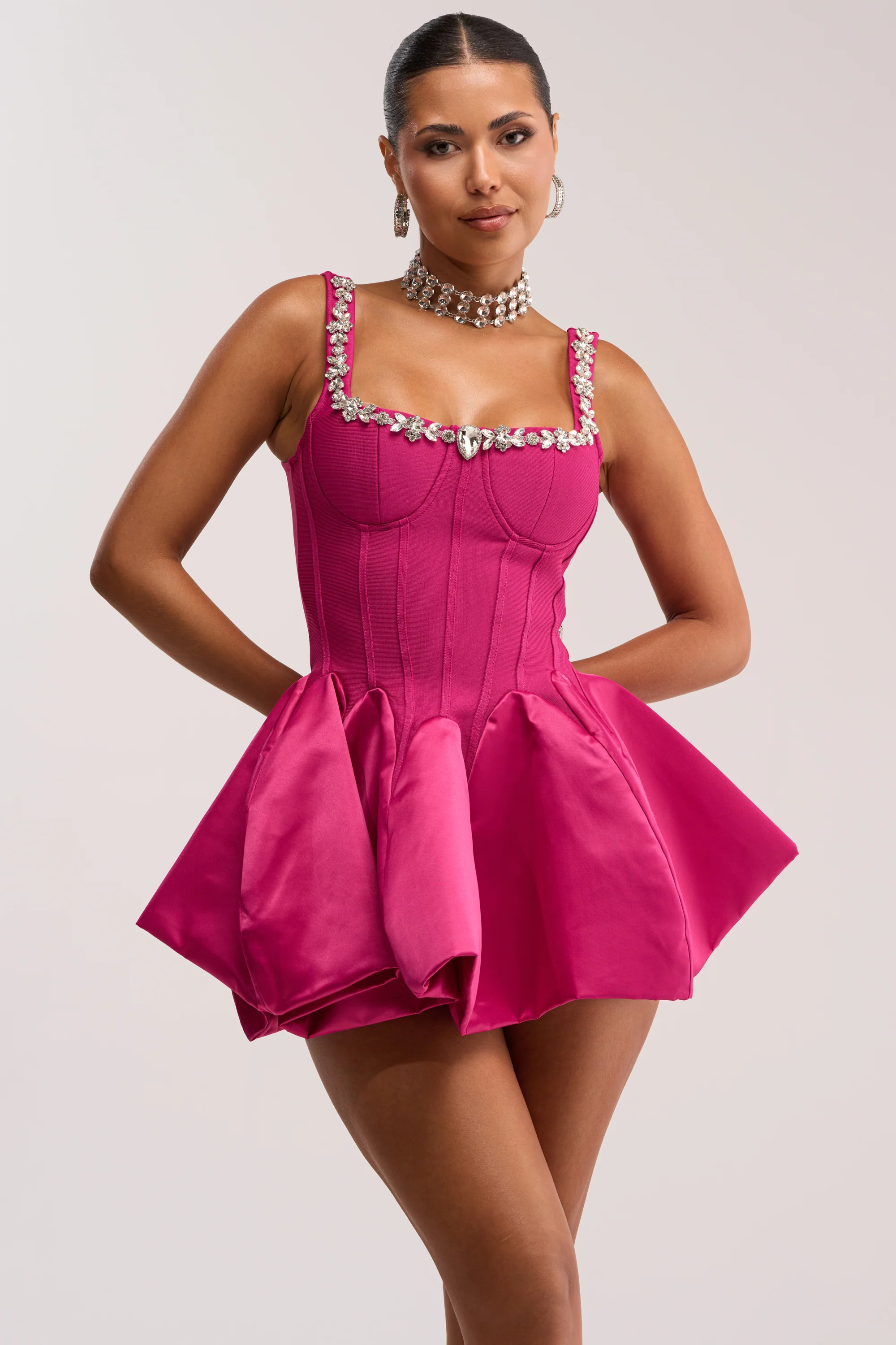 SHIMMER FRAME RHINESTONE MINI DRESS IN PINK - Akira Wear