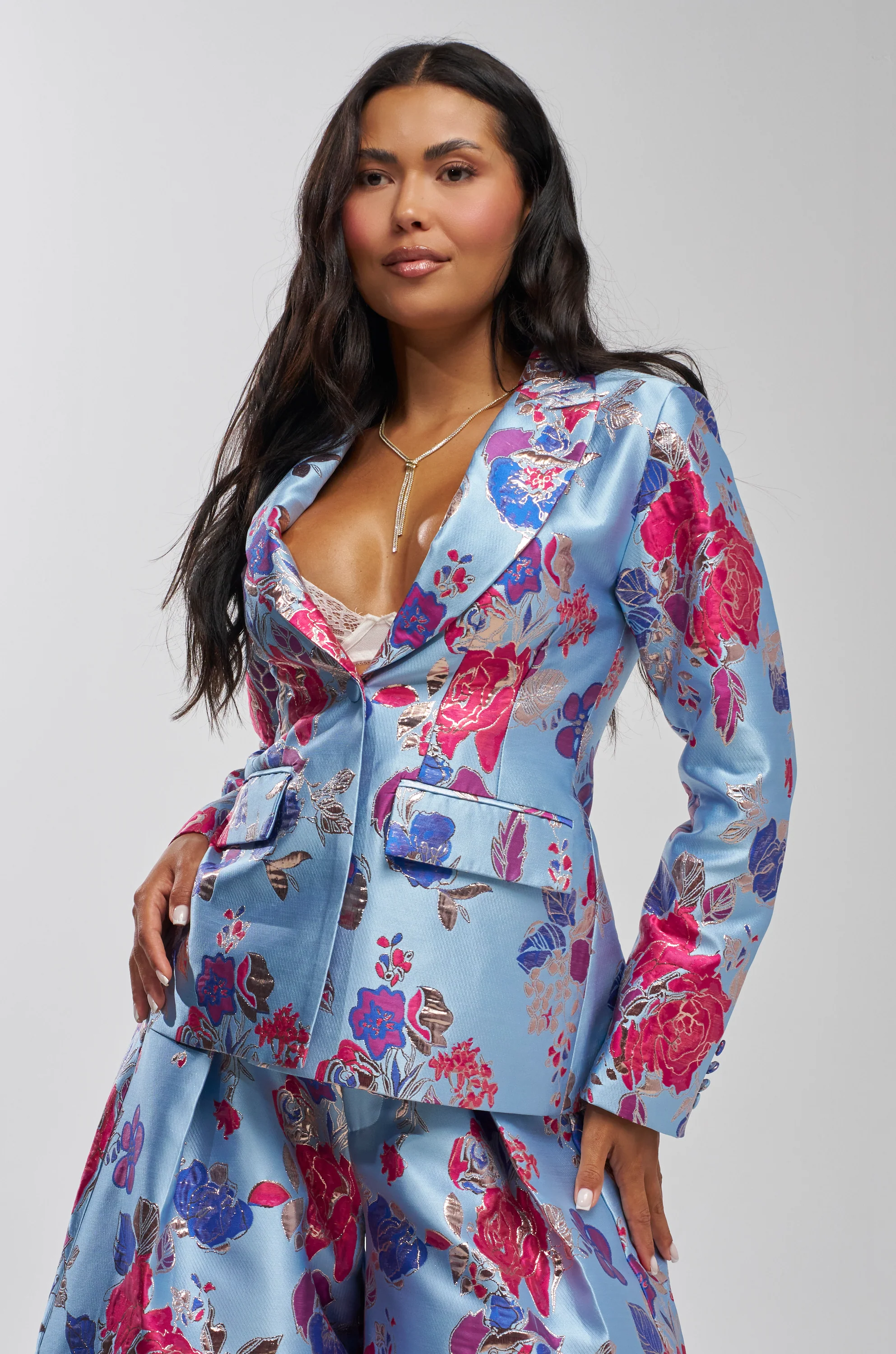 BUY MYSELF FLOWERS BROCADE BLAZER IN BLUE - Akira Wear