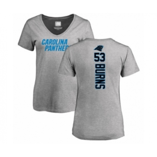Football Women's Carolina Panthers #53 Brian Burns Ash Backer V-Neck T-Shirt - Jersey