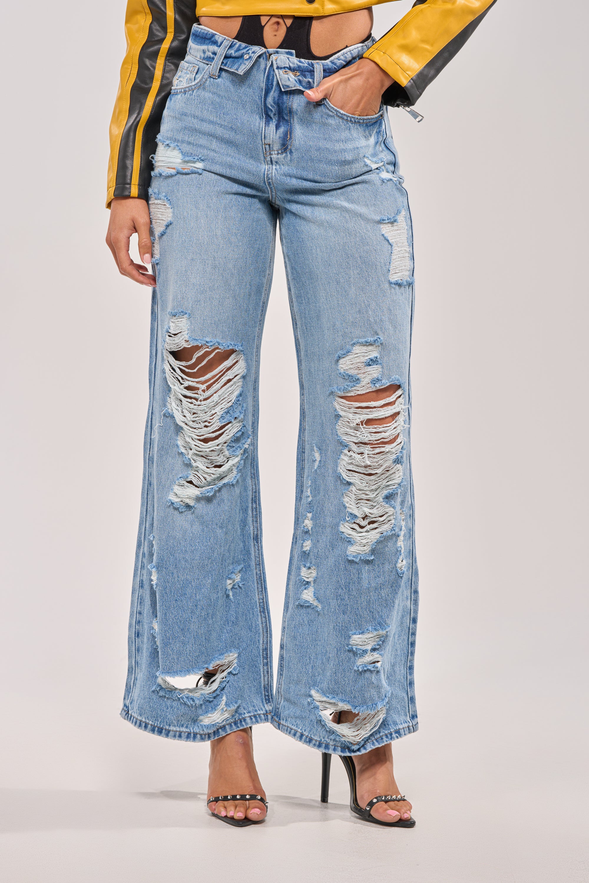 SOMETHING NEW FOLD OVER WAISTBAND DISTRESSED DENIM - Akira Wear