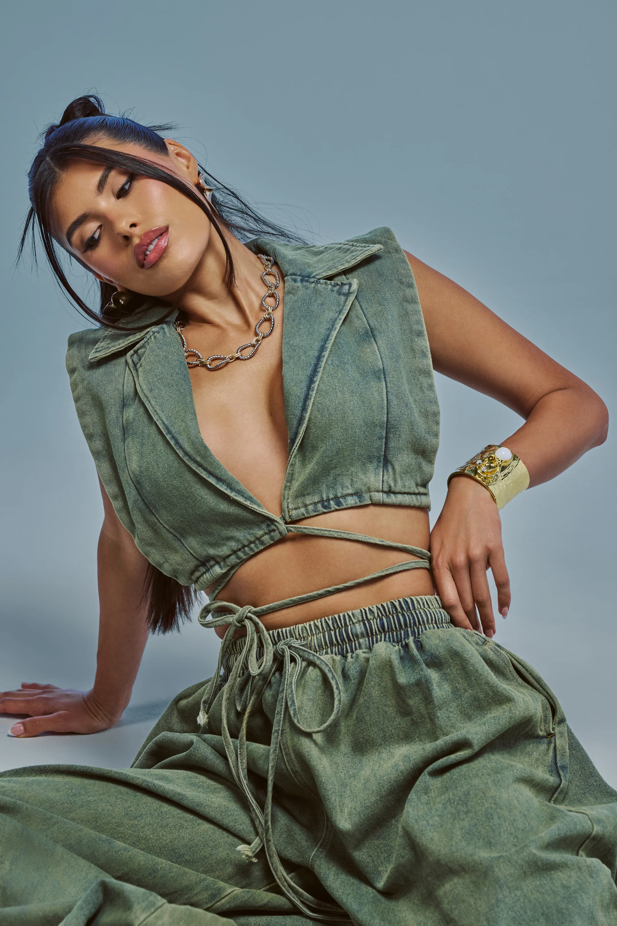 GUESS WHO V-NECK COLLARED BLOUSE IN DENIM - Akira Wear
