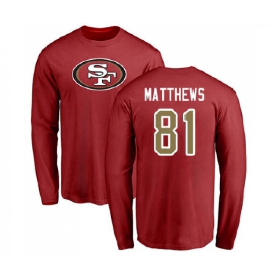 Football San Francisco 49ers #81 Jordan Matthews Red Name & Number Logo Long Sleeve T-Shirt - Jersey
