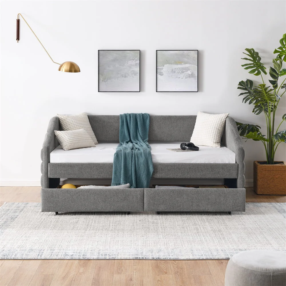 Twin Size Daybed with Two Drawers, Modern Linen Fabric Upholstered Tufted Sofa Bed Frame with 13 Slats Support, Sturdy Wooden Twin Daybed for Bedroom Living Room No Box Spring Needed, Grey