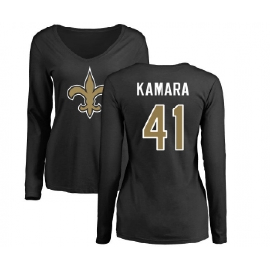 Football Women's New Orleans Saints #41 Alvin Kamara Black Name & Number Logo Slim Fit Long Sleeve T-Shirt - Jersey
