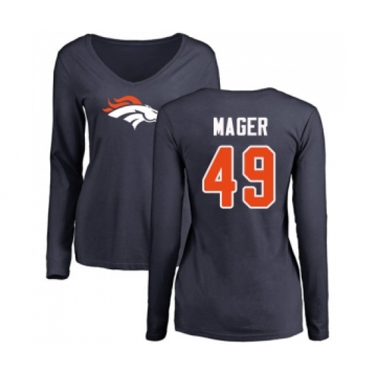 Football Women's Denver Broncos #49 Craig Mager Navy Blue Name & Number Logo Long Sleeve T-Shirt - Jersey