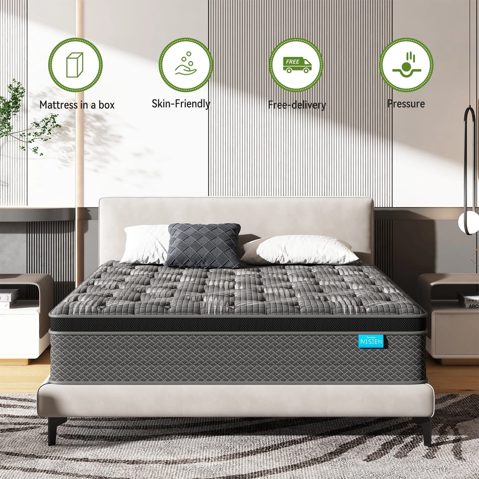 Nisien Black 10 inch Queen Mattress, Cooling Gel Memory Foam Hybrid Mattress in a box, Queen, Medium,Euro Top