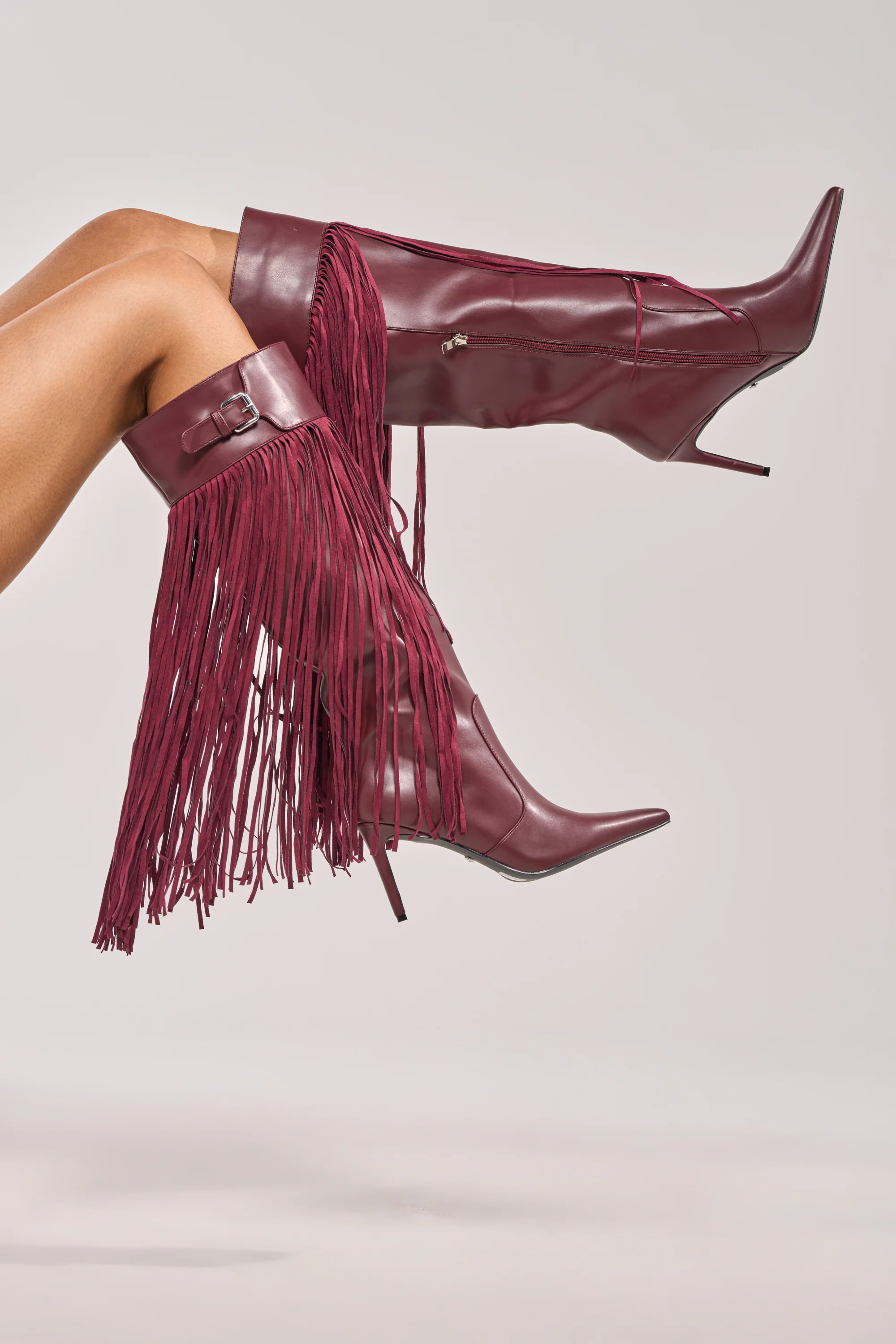 AZALEA WANG HEARTBEAT BURGUNDY FRINGE BOOT - Akira Wear