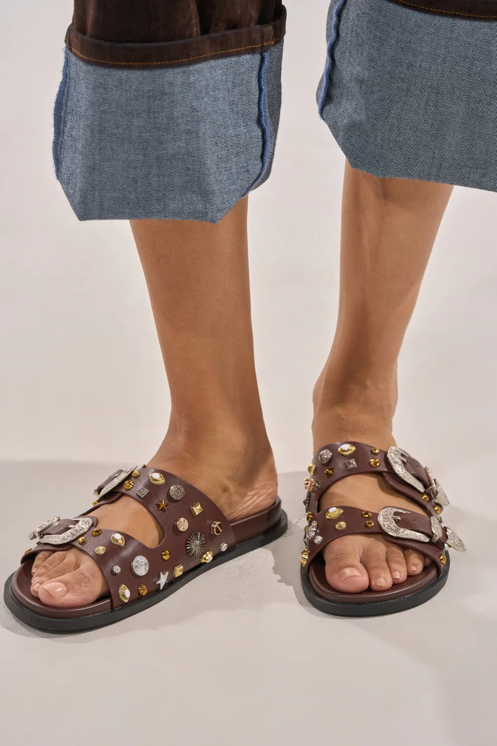 AKIRA BARCLAY BROWN METAL EMBELLISHED SLIP ON FLAT SANDAL - Akira Wear