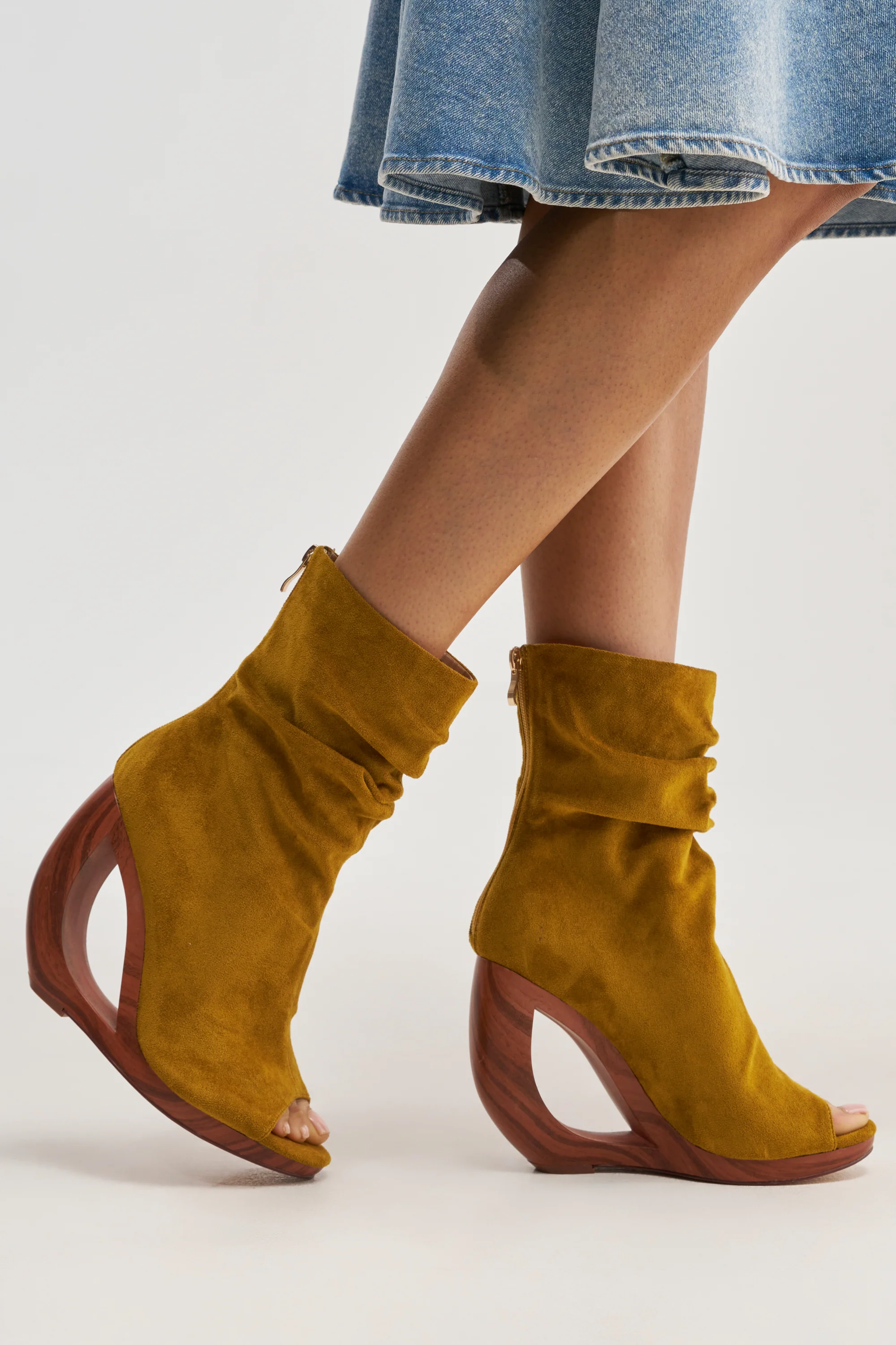 AZALEA WANG ARLO MUSTARD WEDGE OPEN TOE FAUX SUEDE BOOTIE - Akira Wear