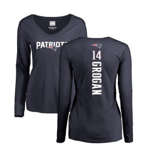 Football Women's New England Patriots #14 Steve Grogan Navy Blue Backer Slim Fit Long Sleeve T-Shirt - Jersey