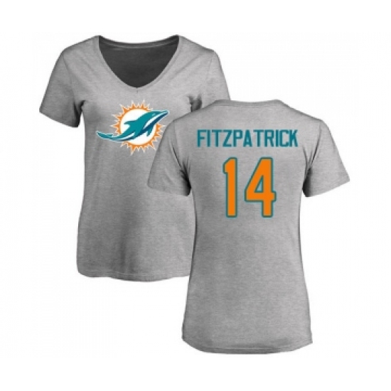 Football Women's Miami Dolphins #14 Ryan Fitzpatrick Ash Name & Number Logo T-Shirt - Jersey