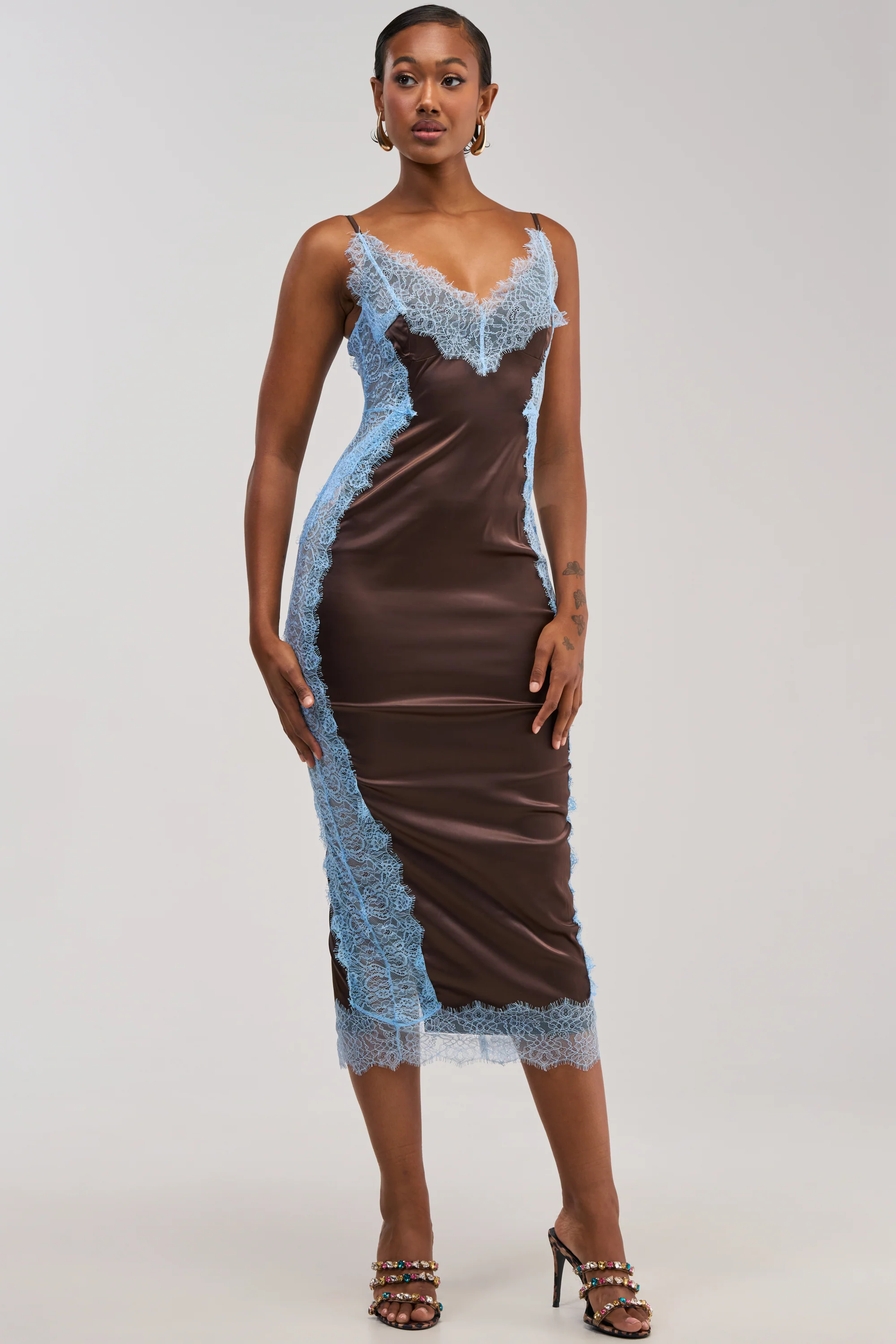 ESSENTIAL LACE TRIM SATIN SLEEVELESS MAXI DRESS IN BROWN - Akira Wear
