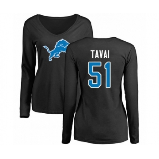 Football Women's Detroit Lions #51 Jahlani Tavai Black Name & Number Logo Long Sleeve T-Shirt - Jersey