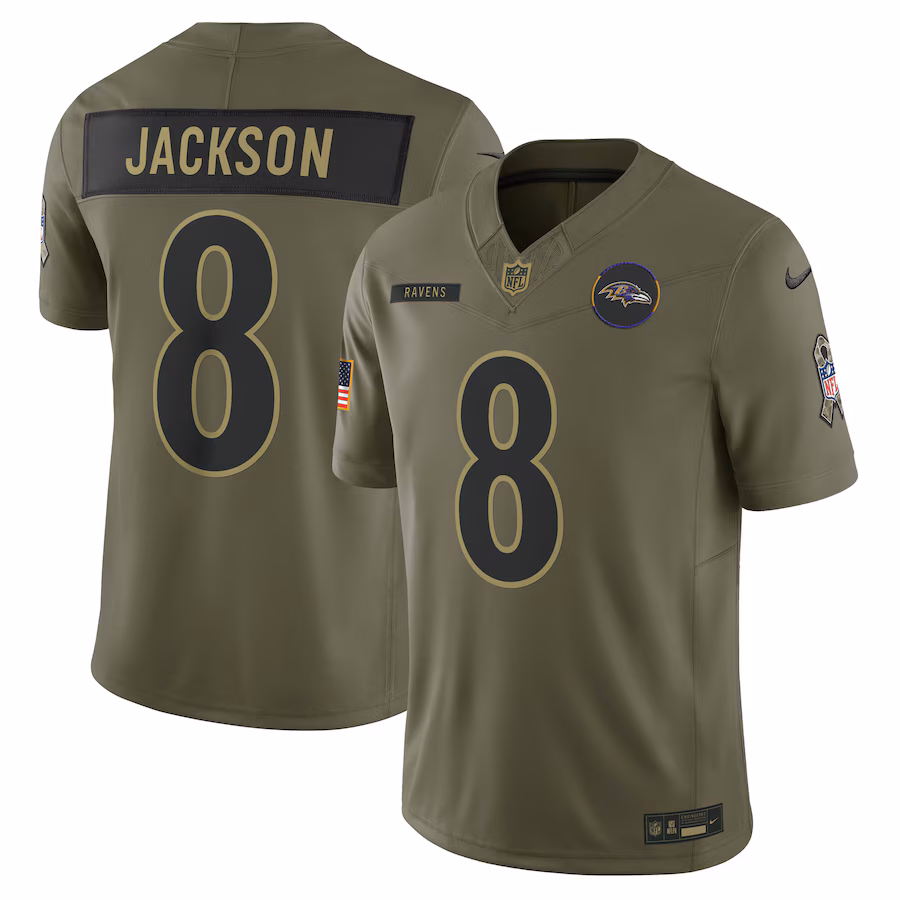 Men's Baltimore Ravens Lamar Jackson Nike Olive 2025 Salute to Service Limited Jersey - Jersey