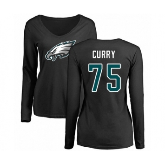 Women's Philadelphia Eagles #75 Vinny Curry Black Name & Number Logo Slim Fit Long Sleeve T-Shirt. - Jersey