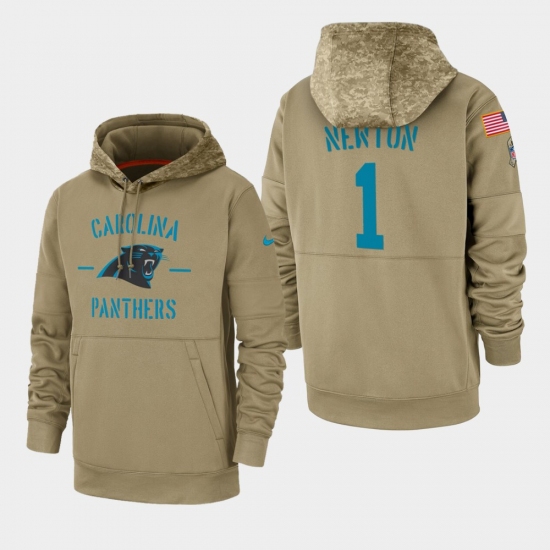 Men's Carolina Panthers #1 Cam Newton 2019 Salute to Service Sideline Therma Pullover Hoodie - Tan - Jersey