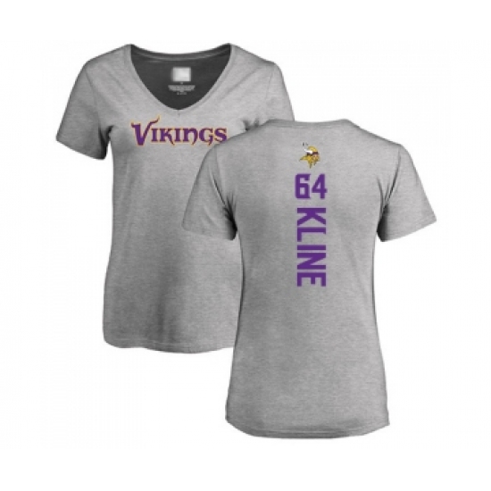 Football Women's Minnesota Vikings #64 Josh Kline Ash Backer V-Neck T-Shirt - Jersey