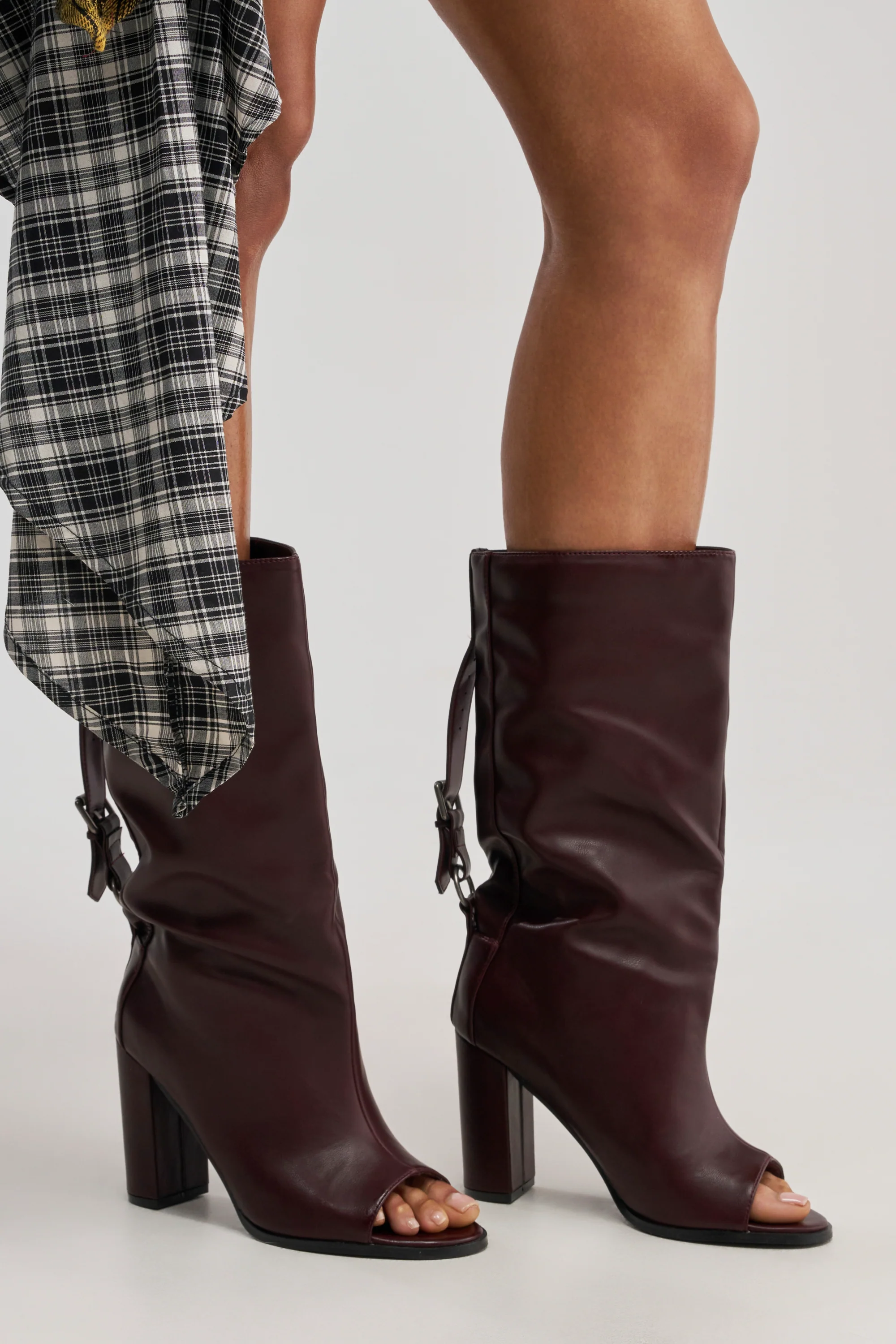 AKIRA GOLD REMIX MAHOGANY OPEN TOE BLOCK BOOTIE - Akira Wear