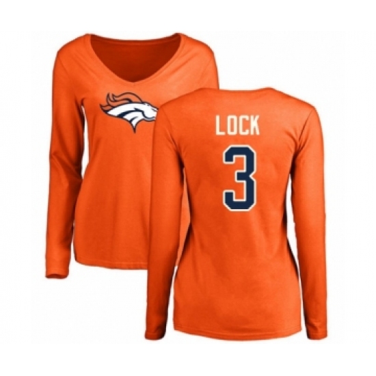 Football Women's Denver Broncos #3 Drew Lock Orange Name & Number Logo Long Sleeve T-Shirt - Jersey