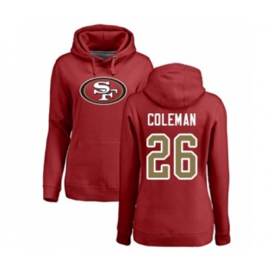 Football Women's San Francisco 49ers #26 Tevin Coleman Red Name & Number Logo Pullover Hoodie - Jersey