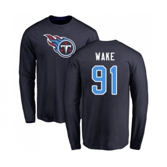 Football Tennessee Titans #91 Cameron Wake Navy Blue Name & Number Logo Long Sleeve T-Shirt - Jersey