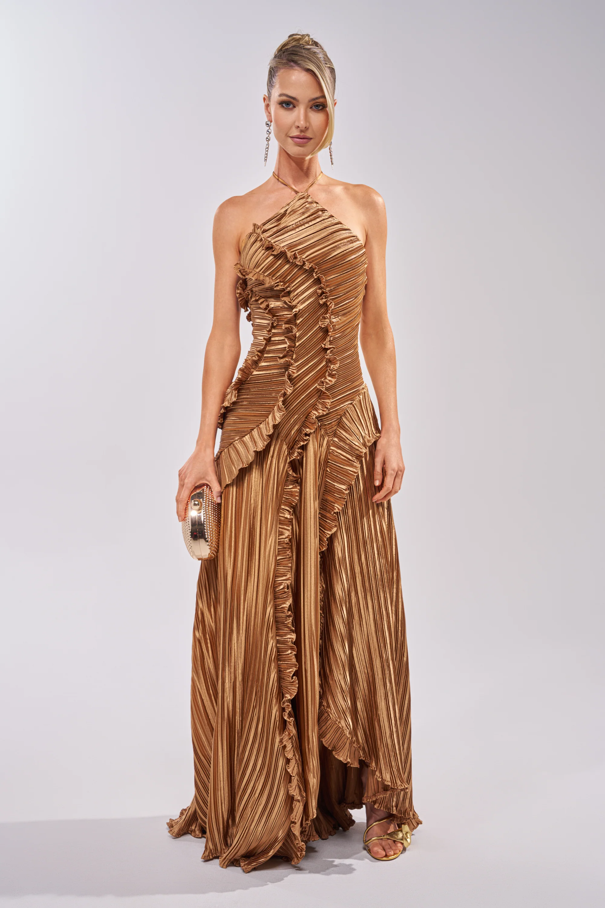 CELESTE RUFFLE MAXI DRESS IN BRONZE - Akira Wear