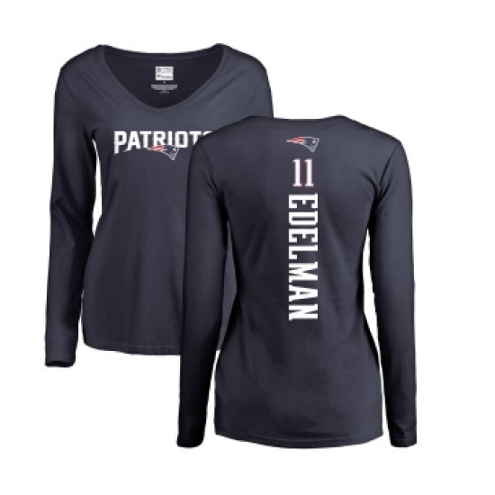 Football Women's New England Patriots #11 Julian Edelman Navy Blue Backer Slim Fit Long Sleeve T-Shirt - Jersey