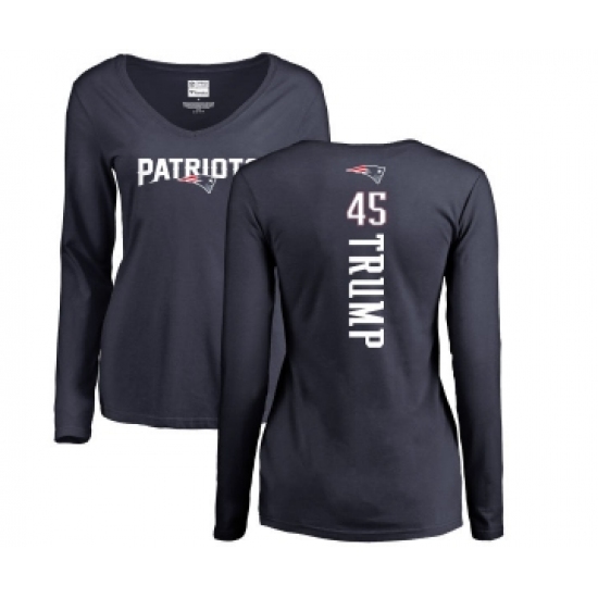 Football Women's New England Patriots #45 Donald Trump Navy Blue Backer Slim Fit Long Sleeve T-Shirt - Jersey