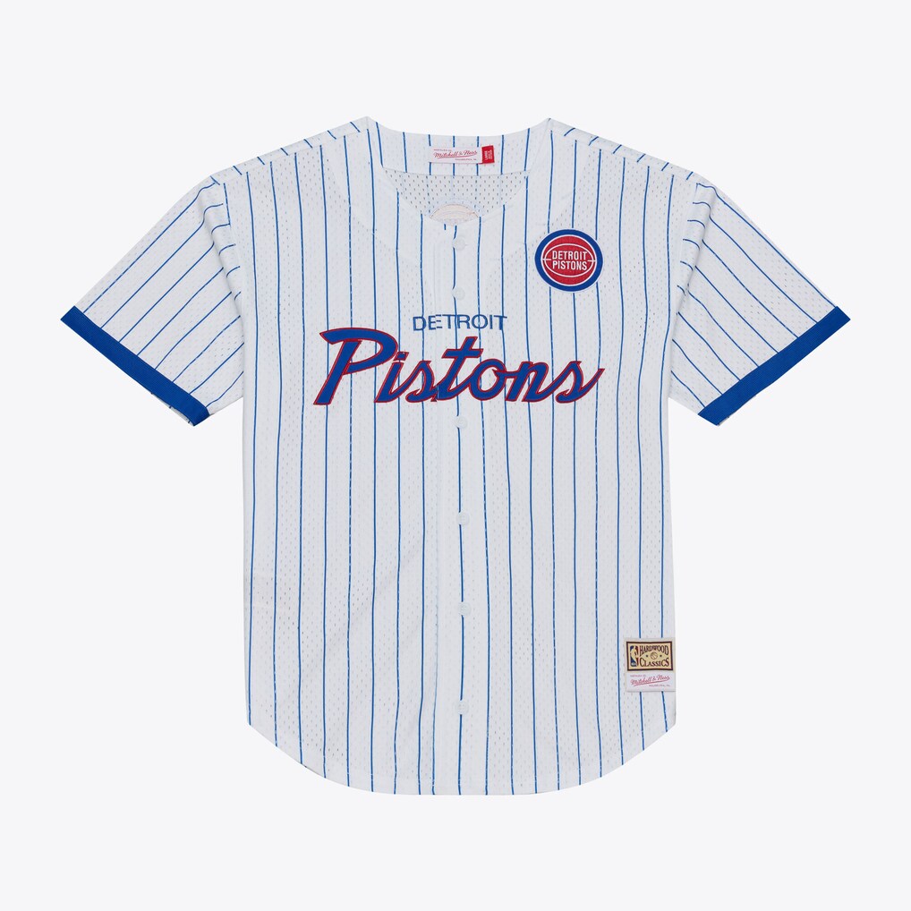 Men's Detroit Pistons Mitchell & Ness White Head Coach Pinstripe Mesh Full-Button Baseball Jersey - Jersey