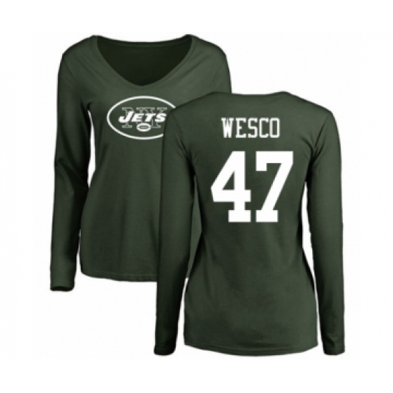 Football Women's New York Jets #47 Trevon Wesco Green Name & Number Logo Long Sleeve T-Shirt - Jersey