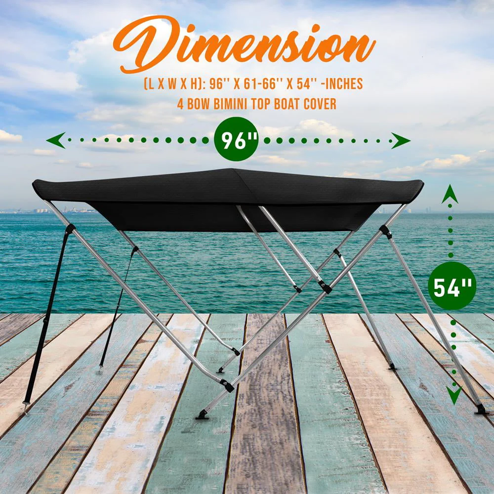 Serene Life SLBT466G - 4 Bow Bimini Top Boat Cover - Front Hold-Down Straps and Rear Support Arms, Includes Mounting Hardware with 1 In. Aluminum Frame (Gray)