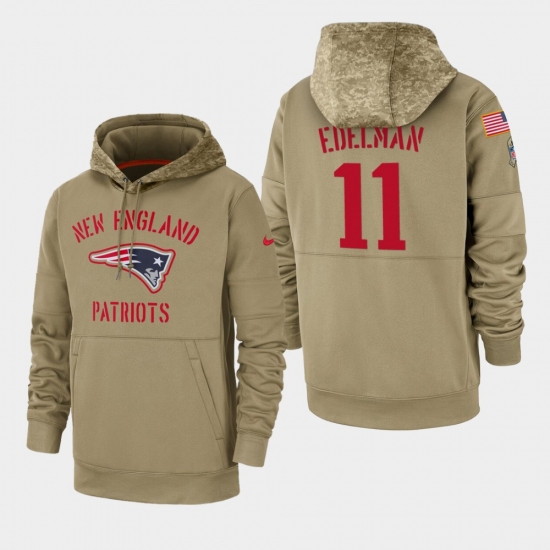 Men's New England Patriots #11 Julian Edelman 2019 Salute to Service Sideline Therma Pullover Hoodie - Tan - Jersey