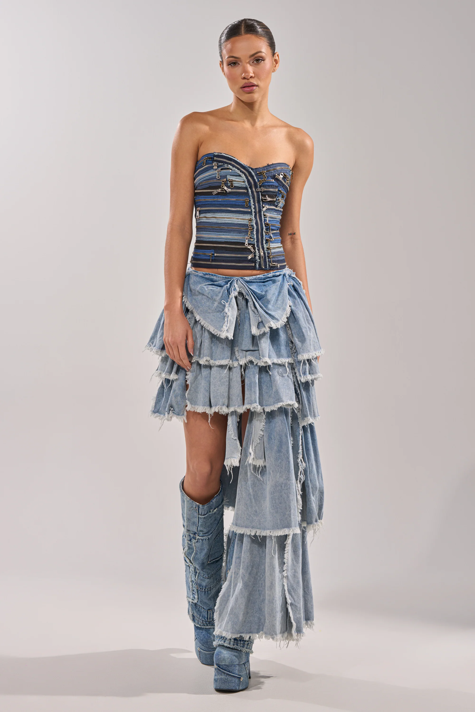 DISTRESSED TIERED ASYMMETRIC MIDI SKIRT - Akira Wear