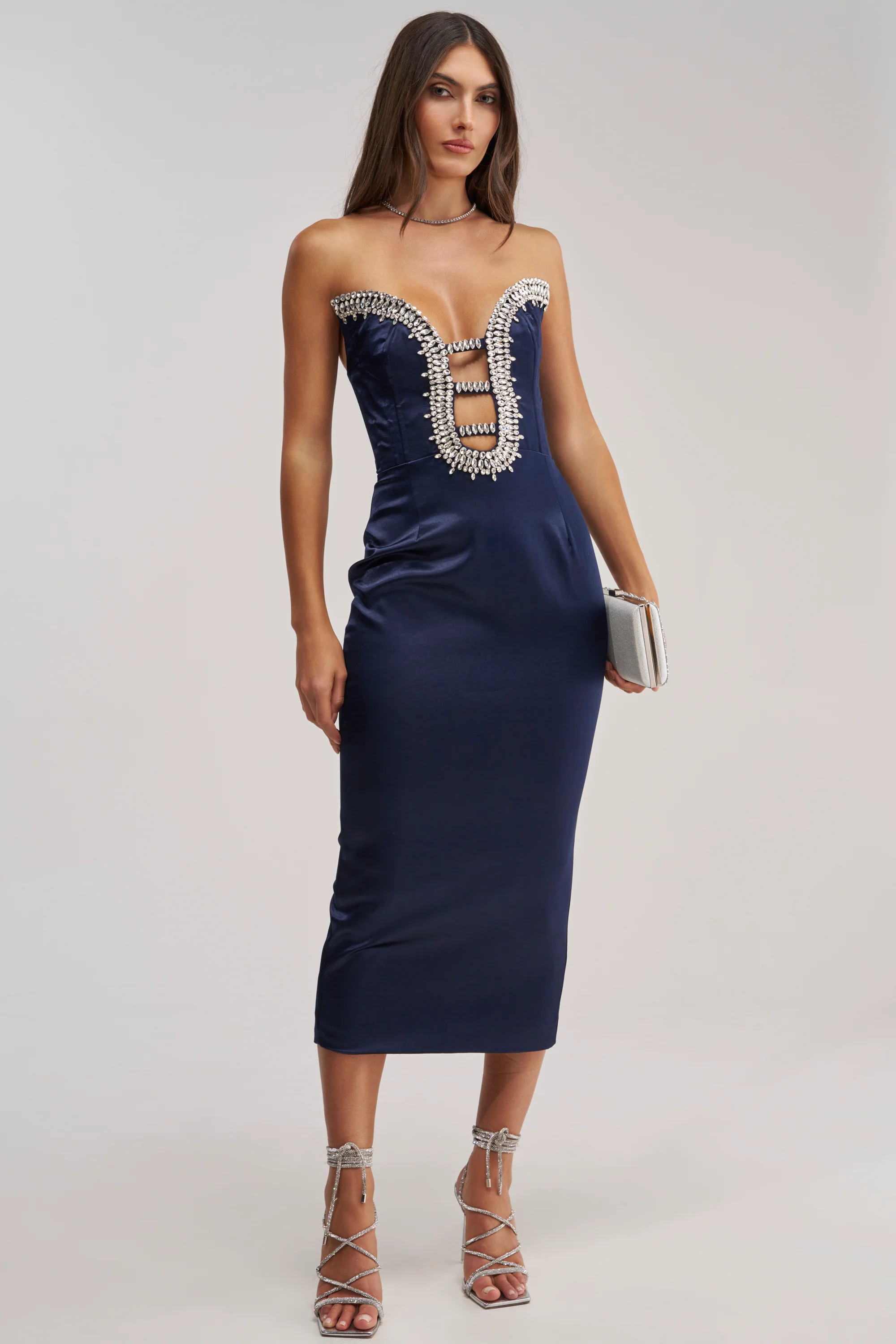FEELIN THE LOVE RHINESTONE SATIN MIDI DRESS IN NAVY - Akira Wear