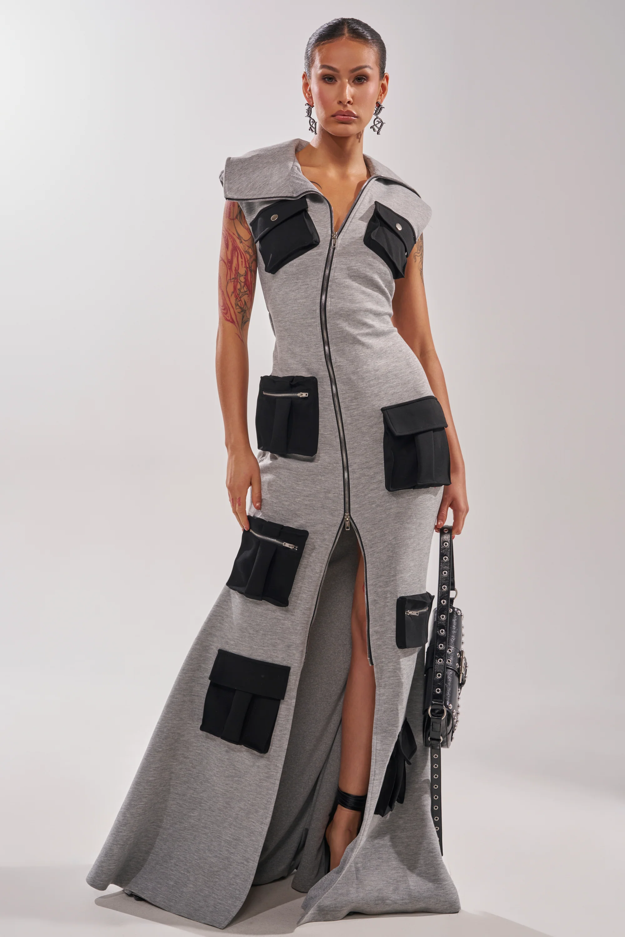 DON'T MESS WITH ME COLLARED MAXI DRESS IN GREY SCUBA - Akira Wear