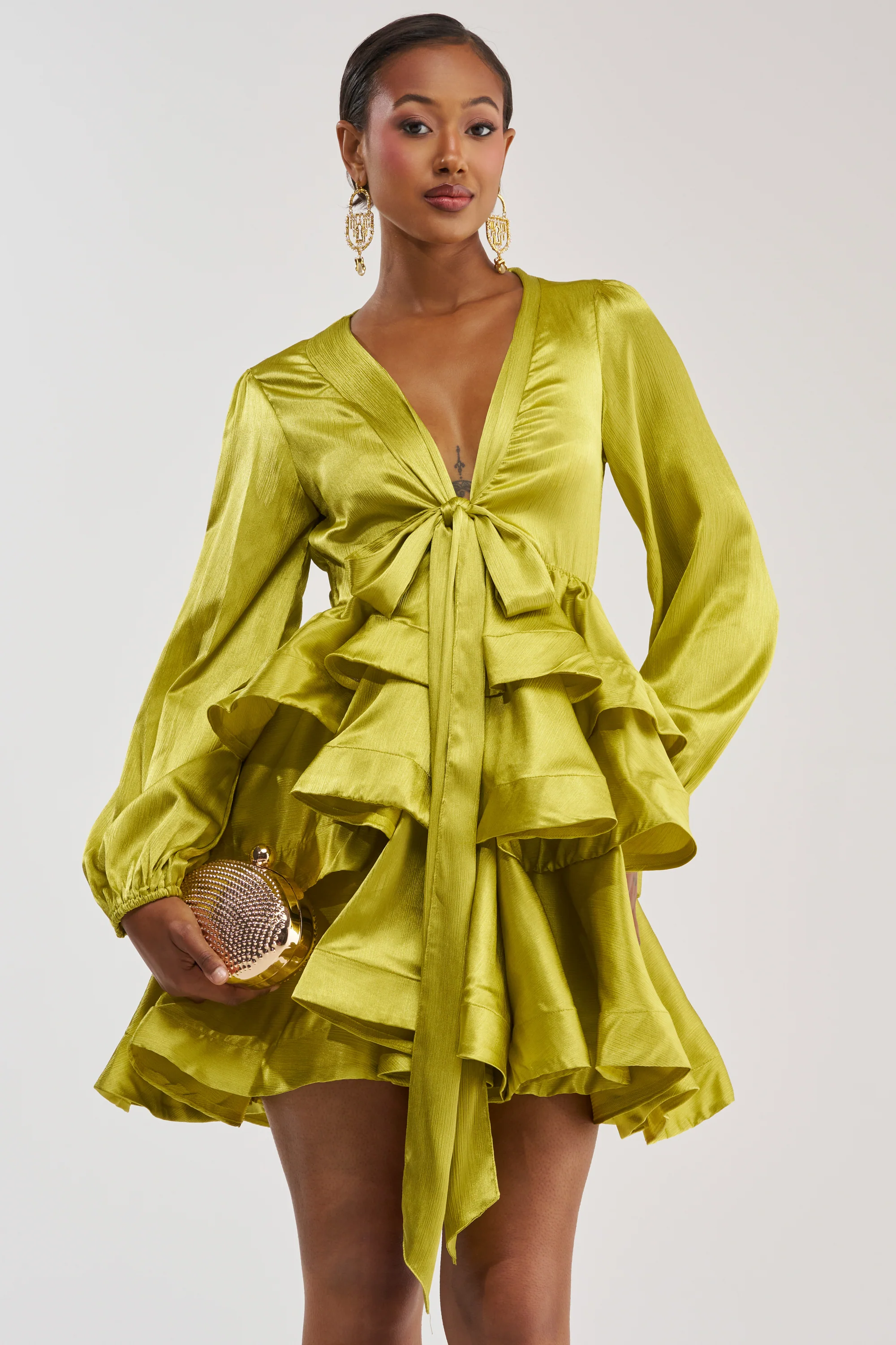 ARIANA SATIN RUFFLED MINI DRESS IN GREEN - Akira Wear