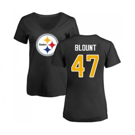 Football Women's Pittsburgh Steelers #47 Mel Blount Black Name & Number Logo Slim Fit T-Shirt - Jersey