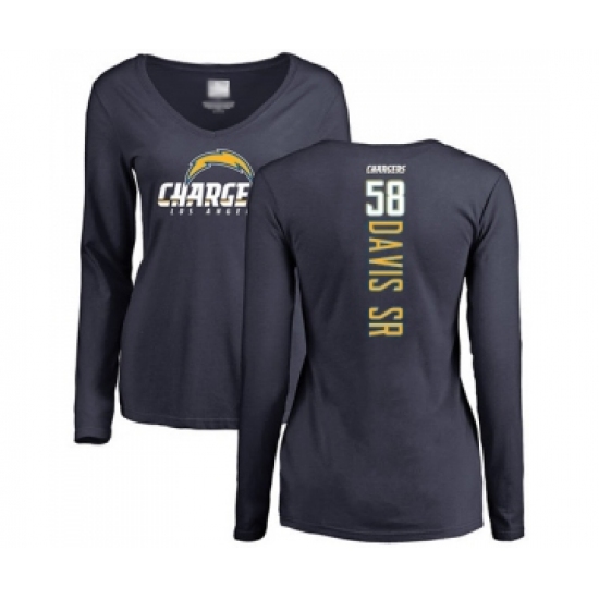 Football Women's Los Angeles Chargers #58 Thomas Davis Sr Navy Blue Backer Long Sleeve T-Shirt - Jersey