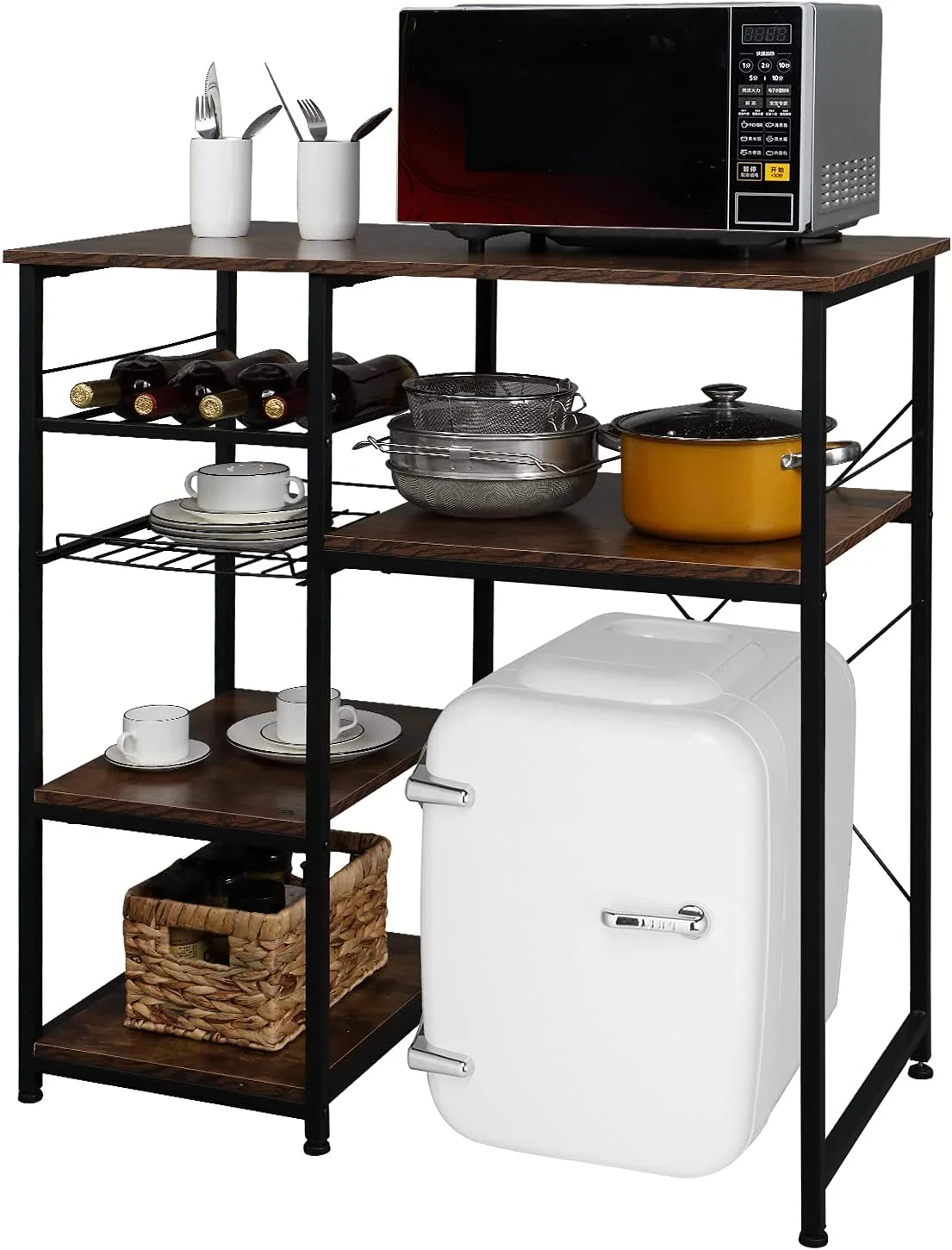 Microwave Stand 4-Tiers Kitchen Storage Fit Mini Fridge Baker��s Rack Shelving Utility Coffee Bar with Big Drawer Wine Rack Metal Frame Industrial Workstation Organizer Kitchen Decor