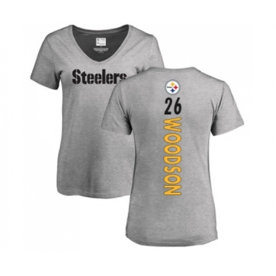 Football Women's Pittsburgh Steelers #26 Rod Woodson Ash Backer V-Neck T-Shirt - Jersey