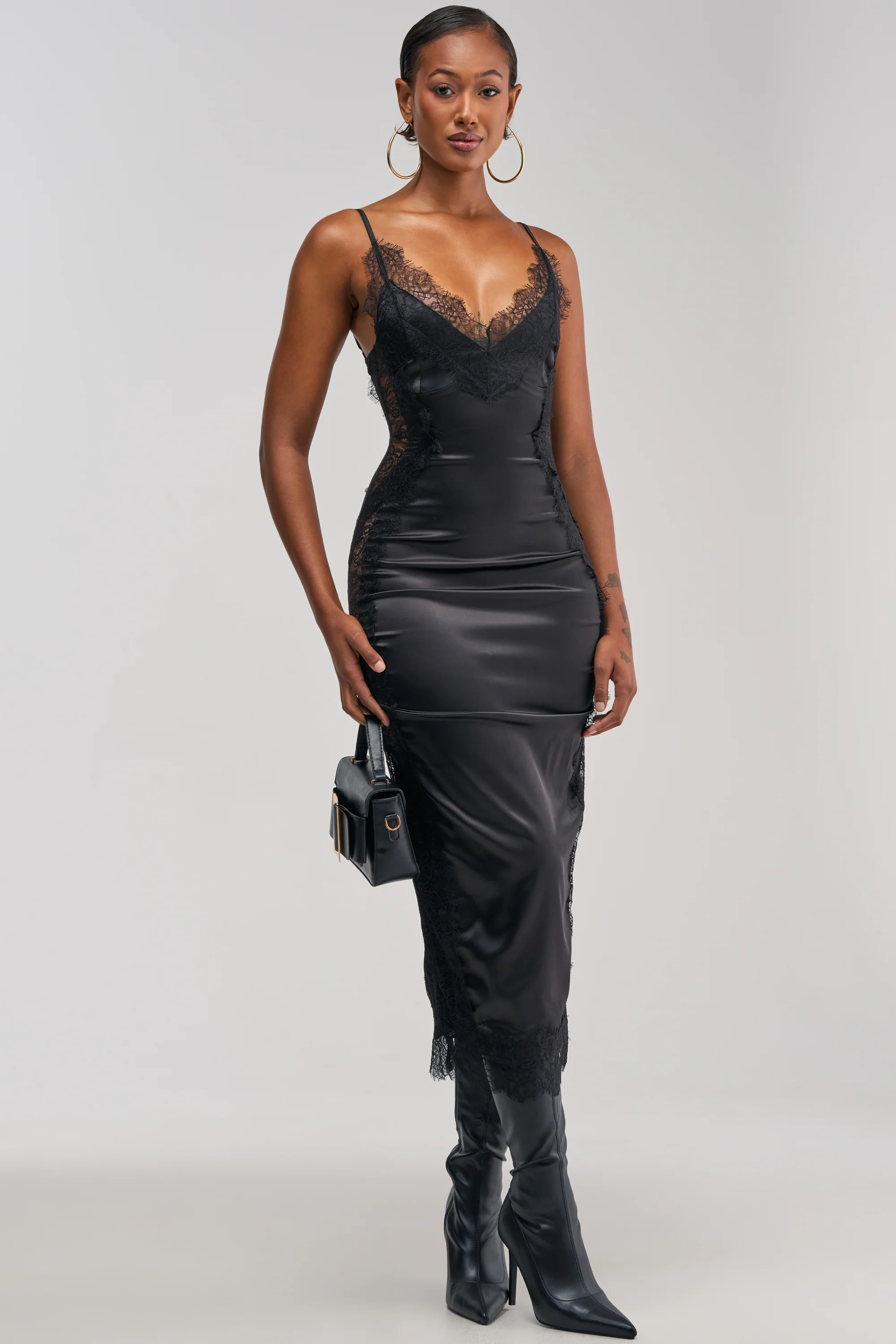 ESSENTIAL LACE TRIM SATIN MIDI DRESS IN BLACK - Akira Wear