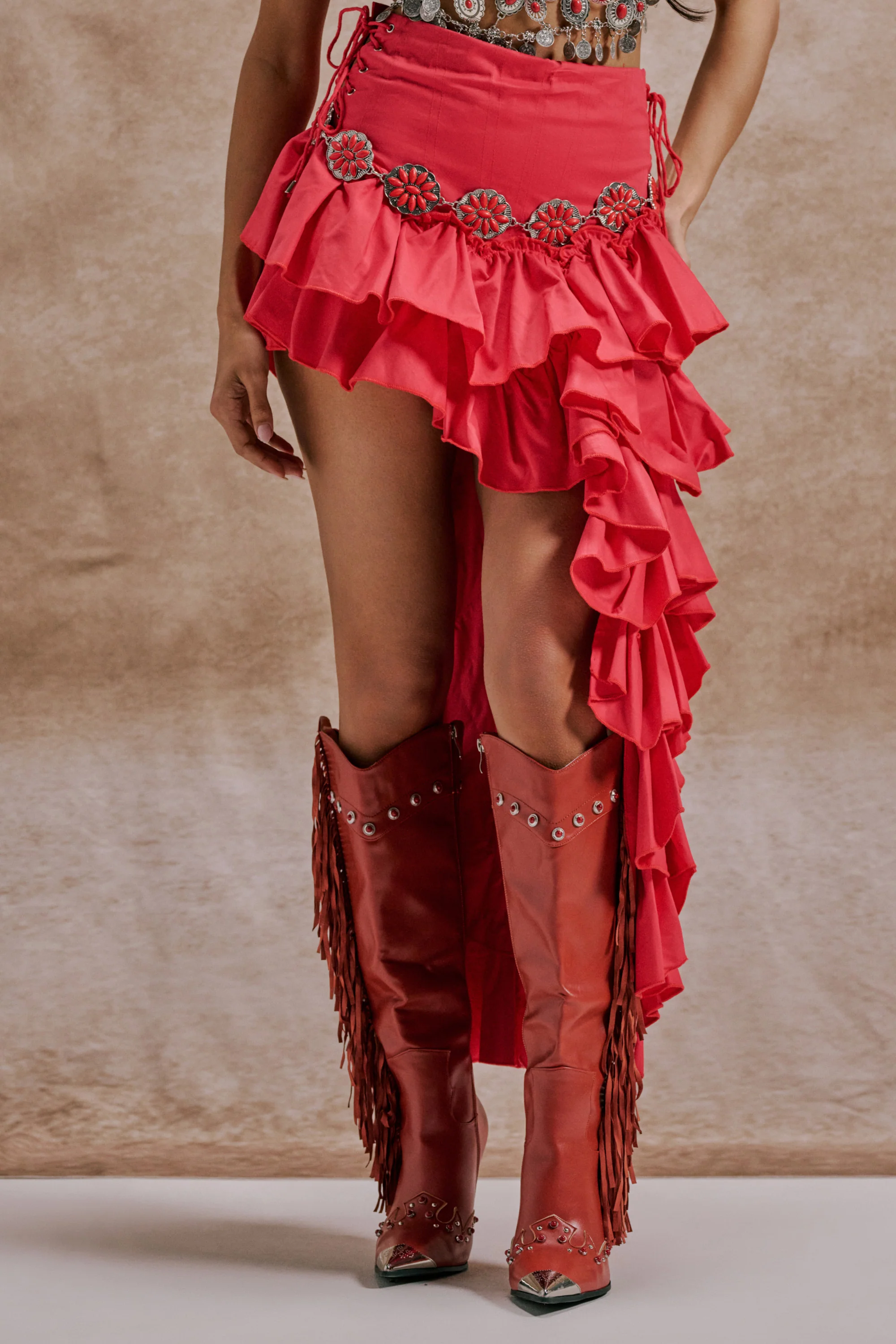 CLAIRE HIGH LOW RUFFLE SKIRT IN RED - Akira Wear