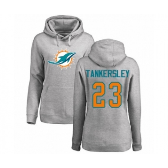 Football Women's Miami Dolphins #23 Cordrea Tankersley Ash Name & Number Logo Pullover Hoodie - Jersey