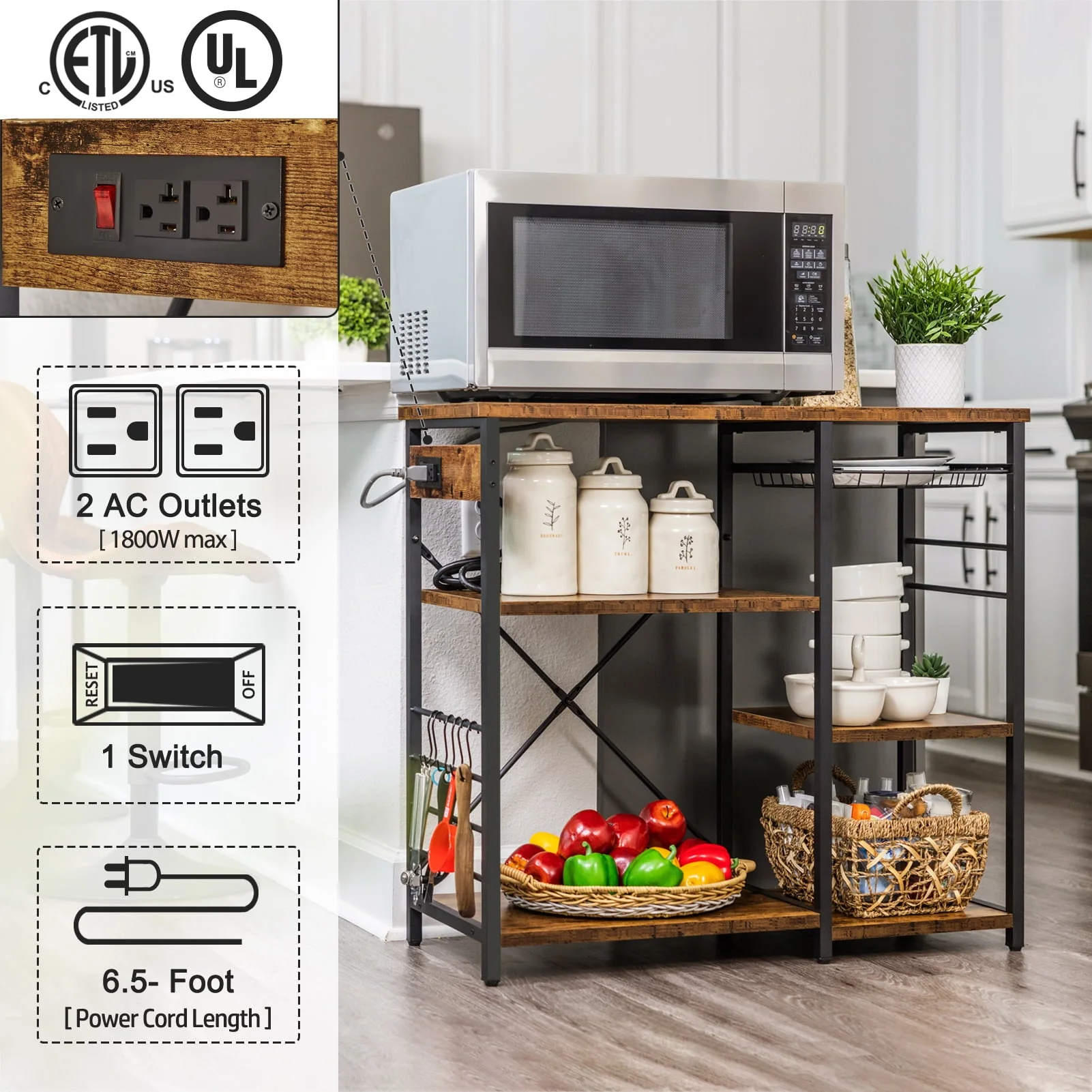 SUPERJARE Kitchen Bakers Rack with Power Outlet, Coffee Bar Table Station, Microwave Stand with 6 S-Shaped Hooks, Wire Basket, Kitchen Storage Shelf Rack, Rustic Brown